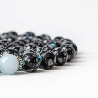 Gemini | Snowflake Obsidian Aquamarine Mala