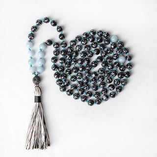 Gemini | Snowflake Obsidian Aquamarine Mala